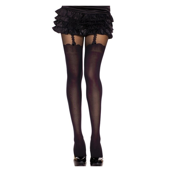 Collant nylon fantaisie opaque noir style bas jarreteles 